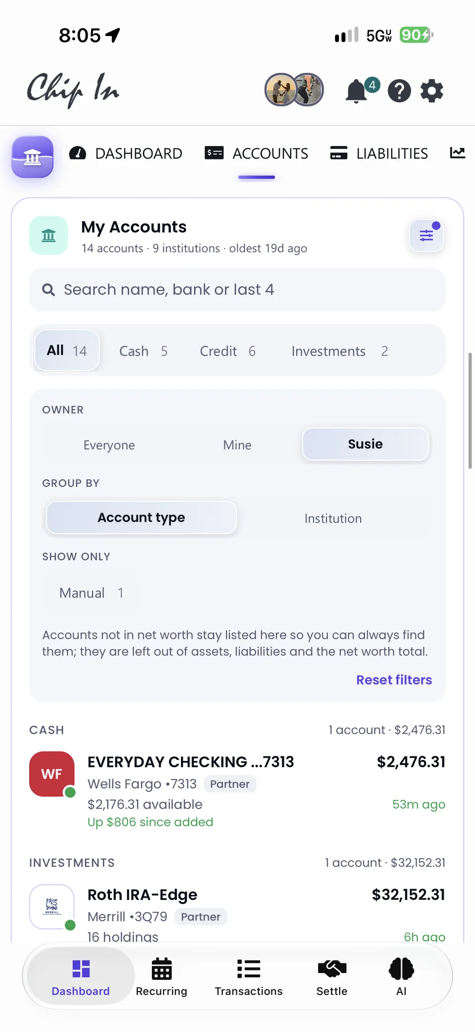 The My Accounts directory with search, owner, and group filters