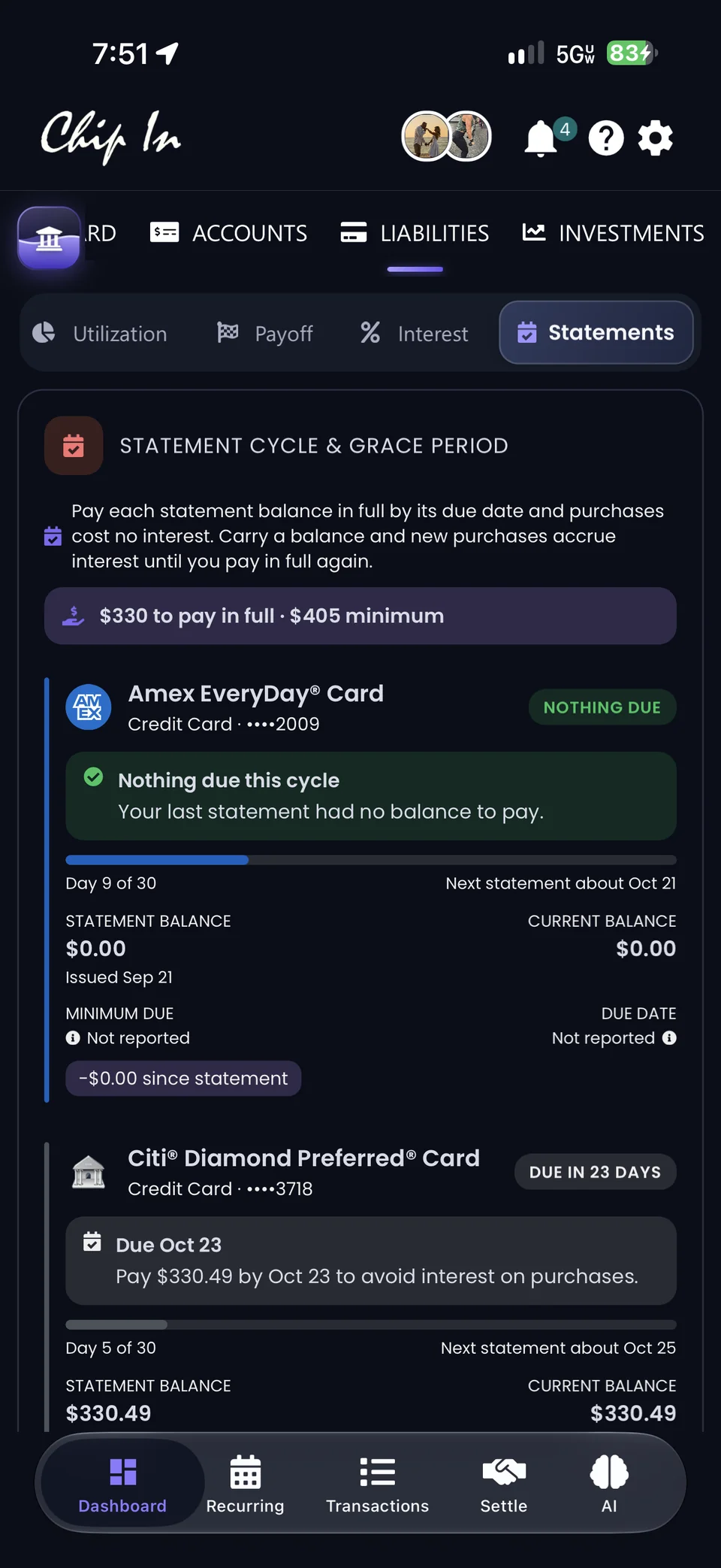 The Liabilities Statements tab with statement cycles and grace periods