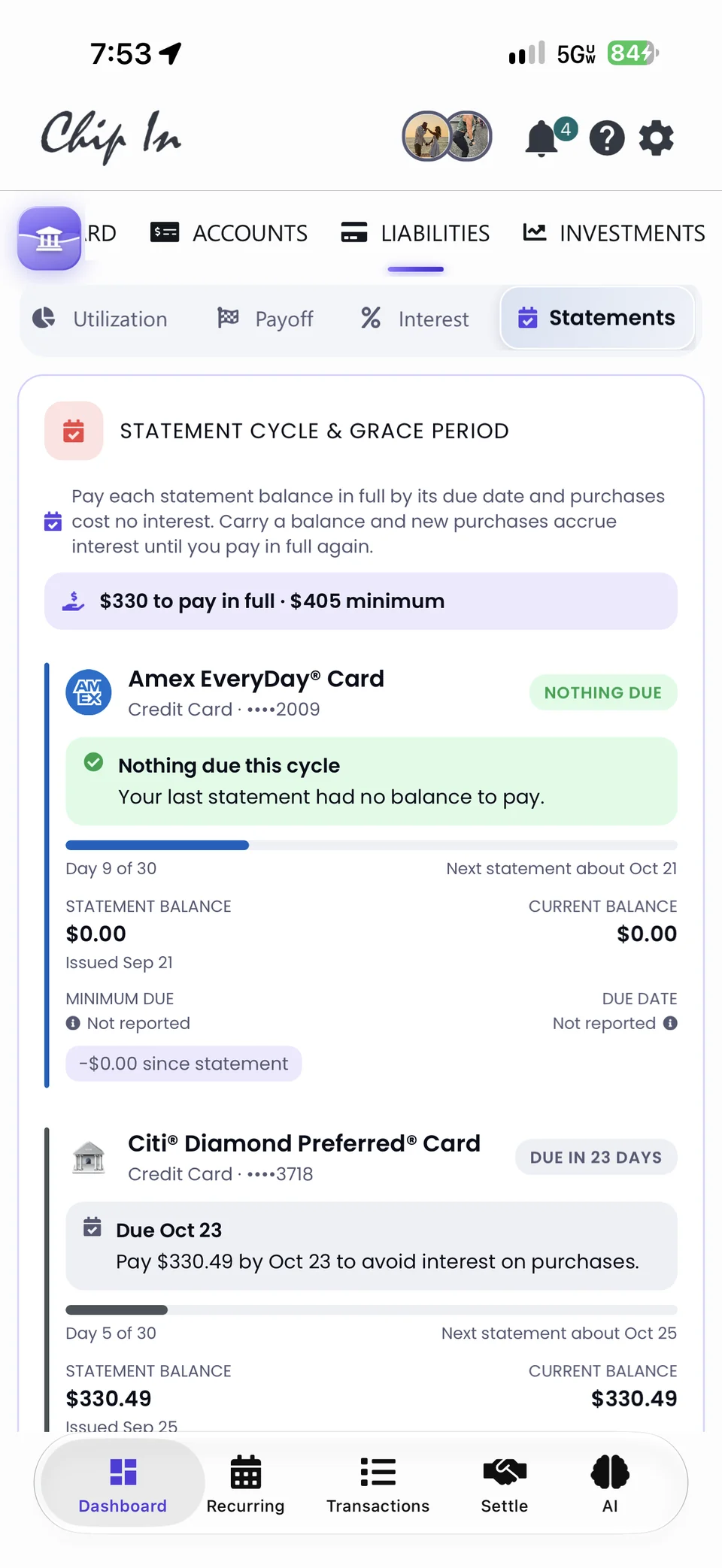 The Liabilities Statements tab with statement cycles and grace periods