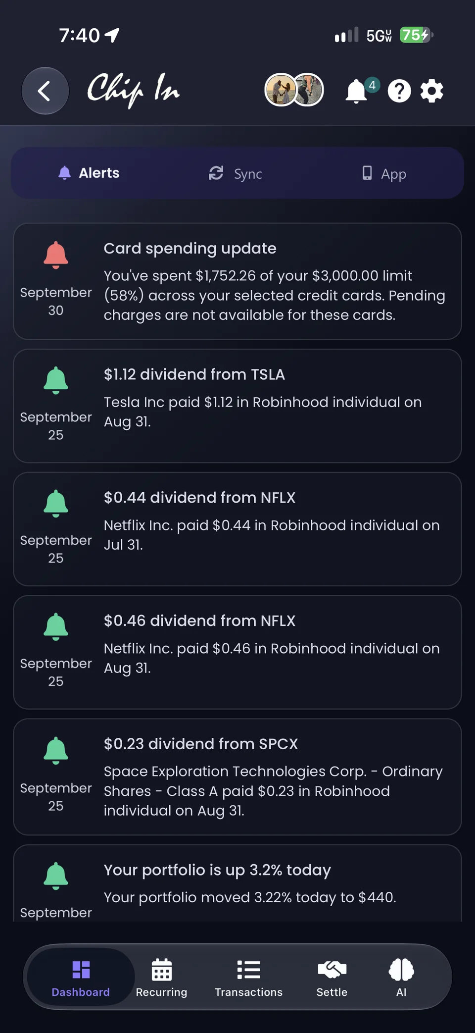 Notifications on mobile: a card spending update, dividends from TSLA, NFLX, and SPCX, and your portfolio is up 3.2% today