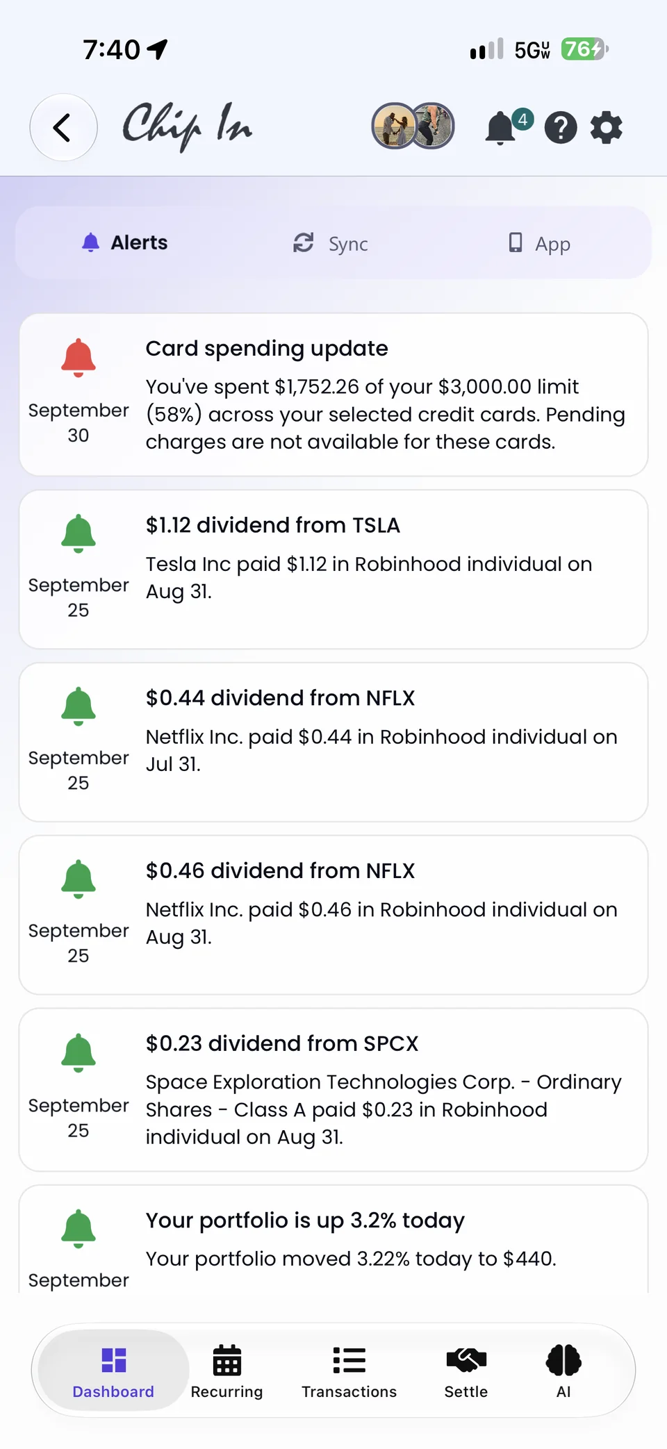 Notifications on mobile: a card spending update, dividends from TSLA, NFLX, and SPCX, and your portfolio is up 3.2% today