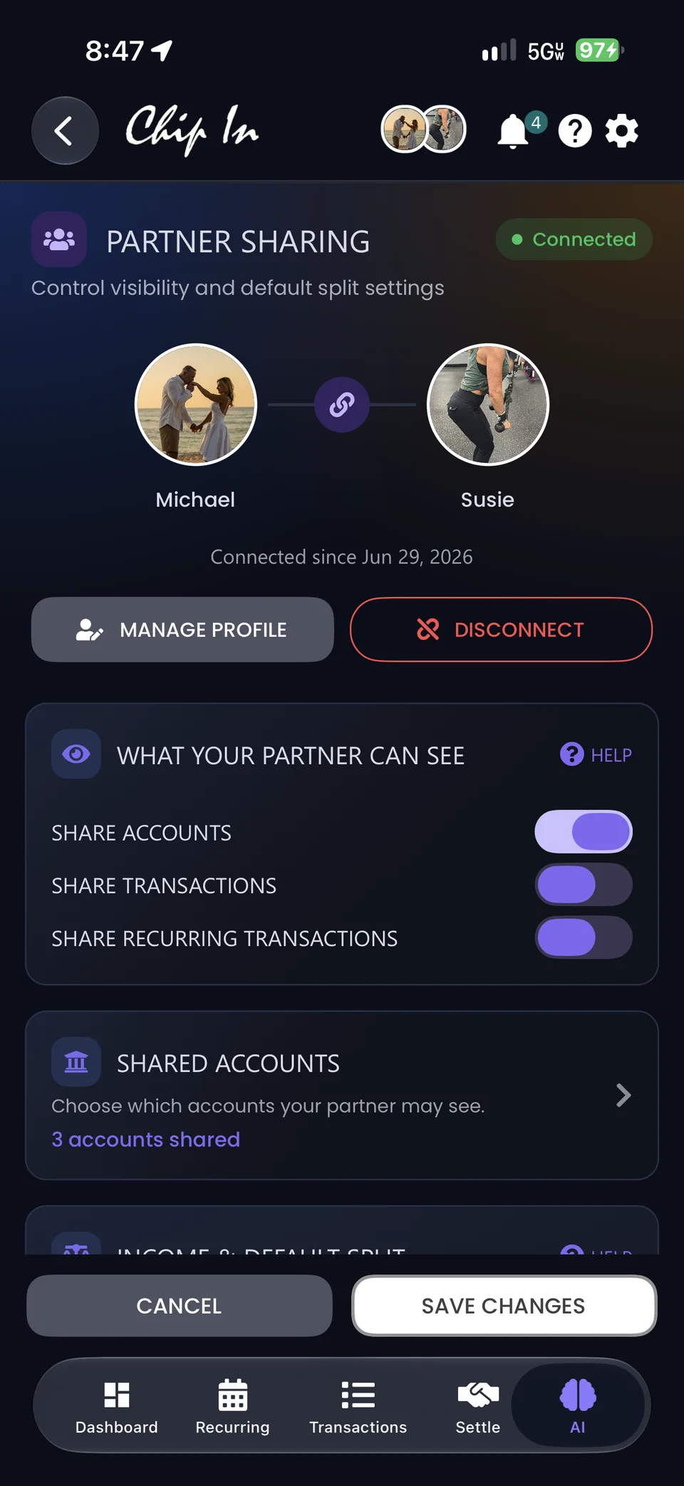 Partner Sharing on mobile: Michael and Susie connected since June 29, 2026, with switches for sharing accounts, transactions, and recurring transactions, and 3 accounts shared