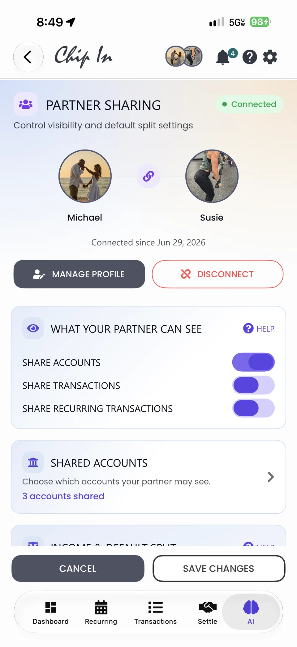 Partner Sharing on mobile: Michael and Susie connected since June 29, 2026, with switches for sharing accounts, transactions, and recurring transactions, and 3 accounts shared