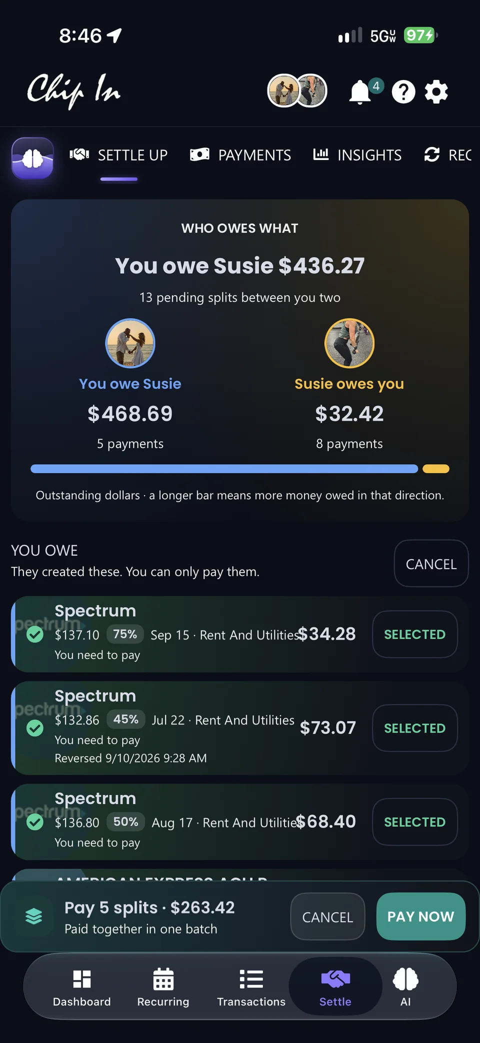 Settle Up with five splits selected and Pay now