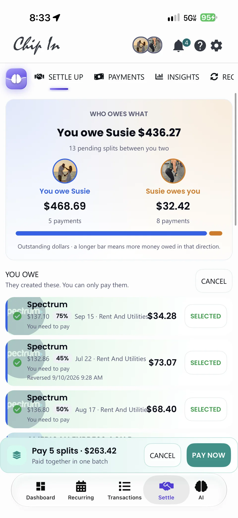 Settle Up with five splits selected and Pay now