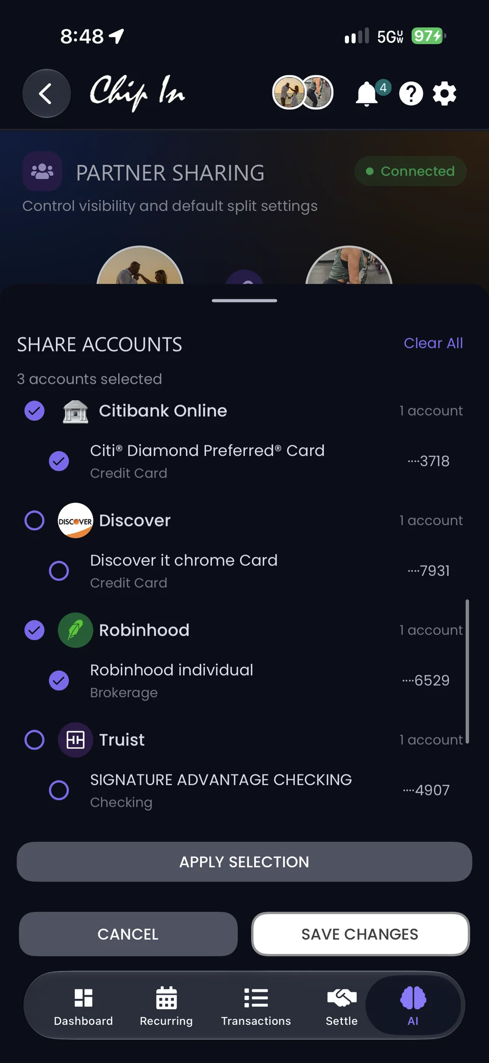 Share Accounts on mobile: 3 accounts selected, with Citibank and Robinhood shared and Discover and Truist left private