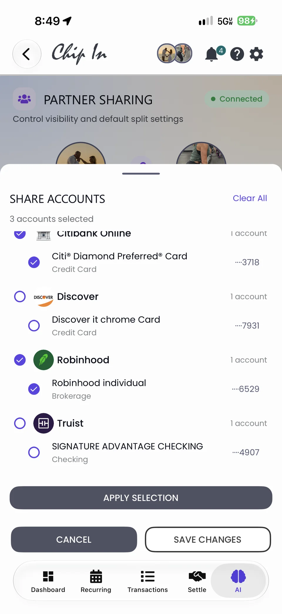 Share Accounts on mobile: 3 accounts selected, with Citibank and Robinhood shared and Discover and Truist left private