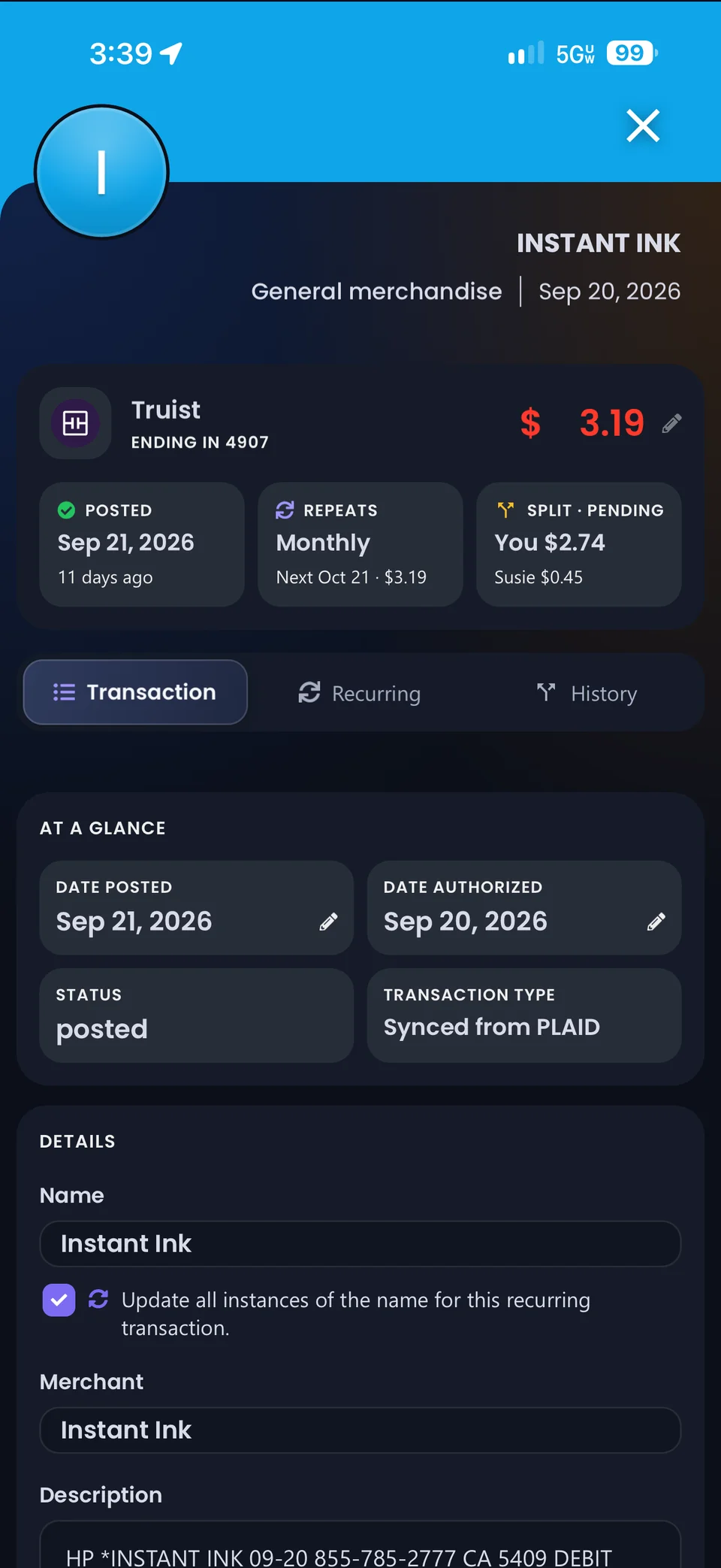 The Transaction tab with Update all instances of the name checked