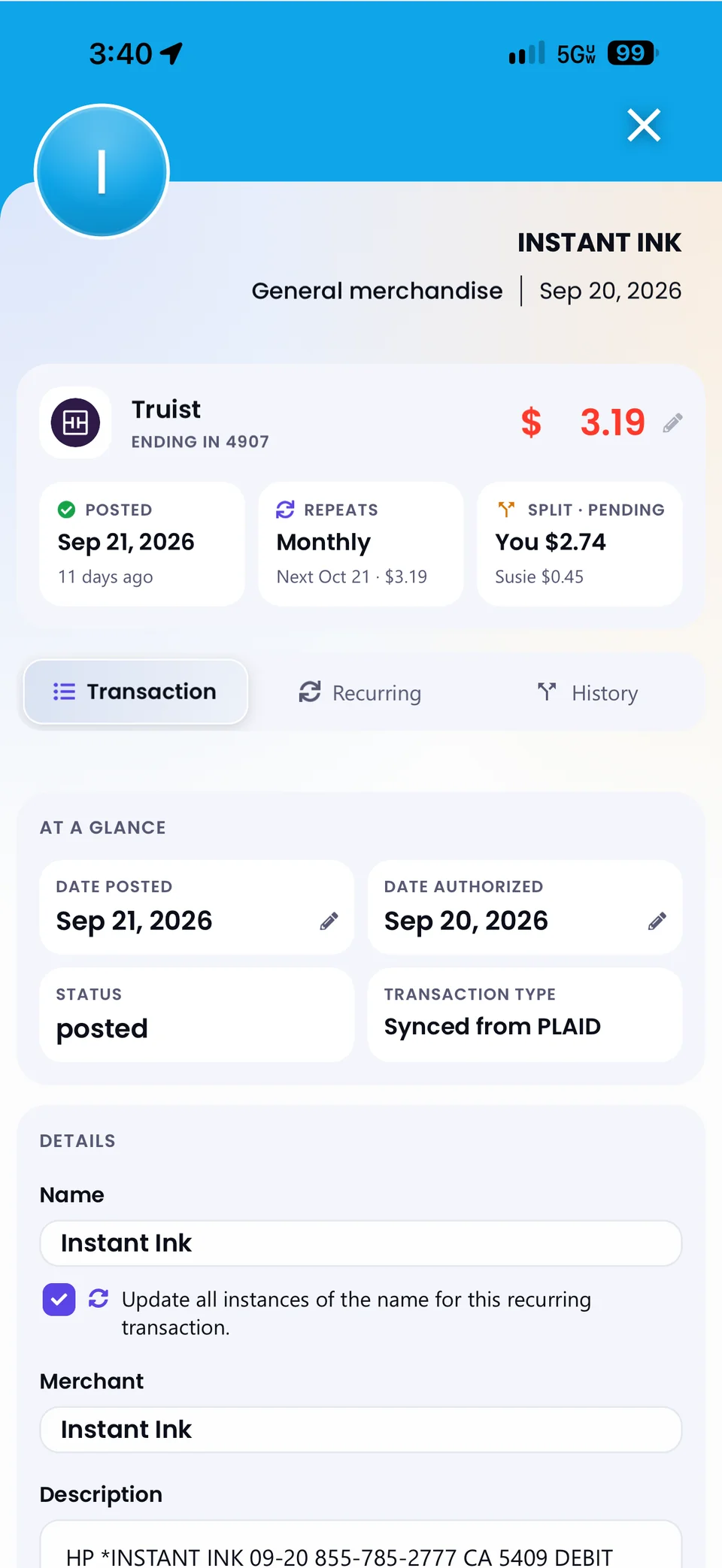 The Transaction tab with Update all instances of the name checked