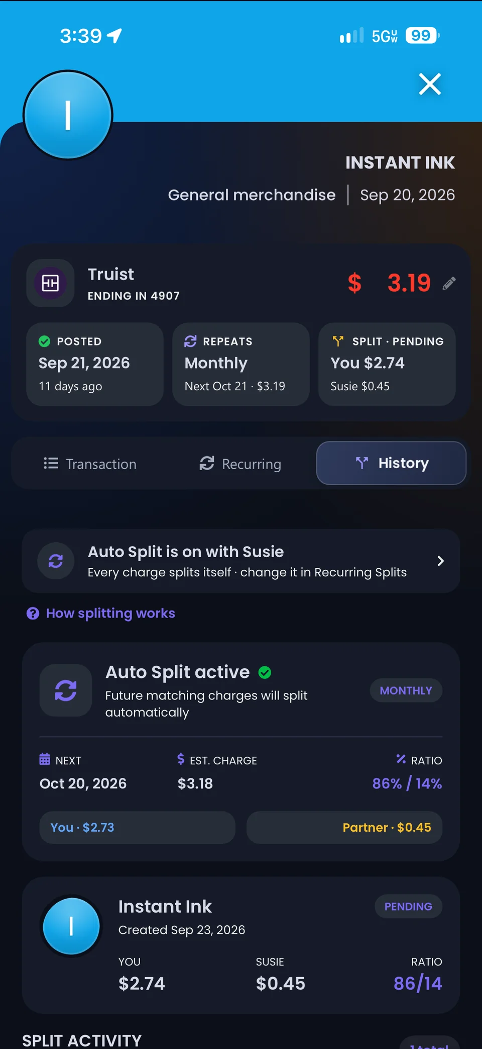 A transaction History tab with Auto Split on for Instant Ink