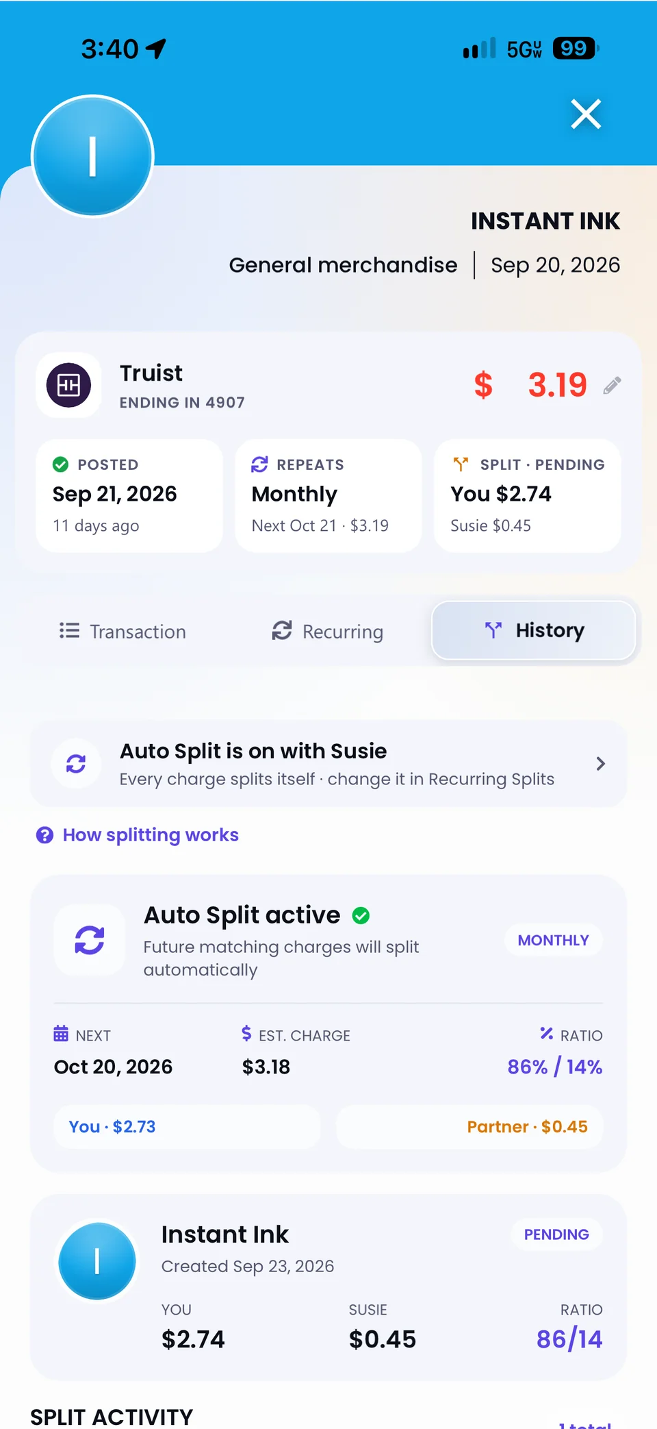 A transaction History tab with Auto Split on for Instant Ink