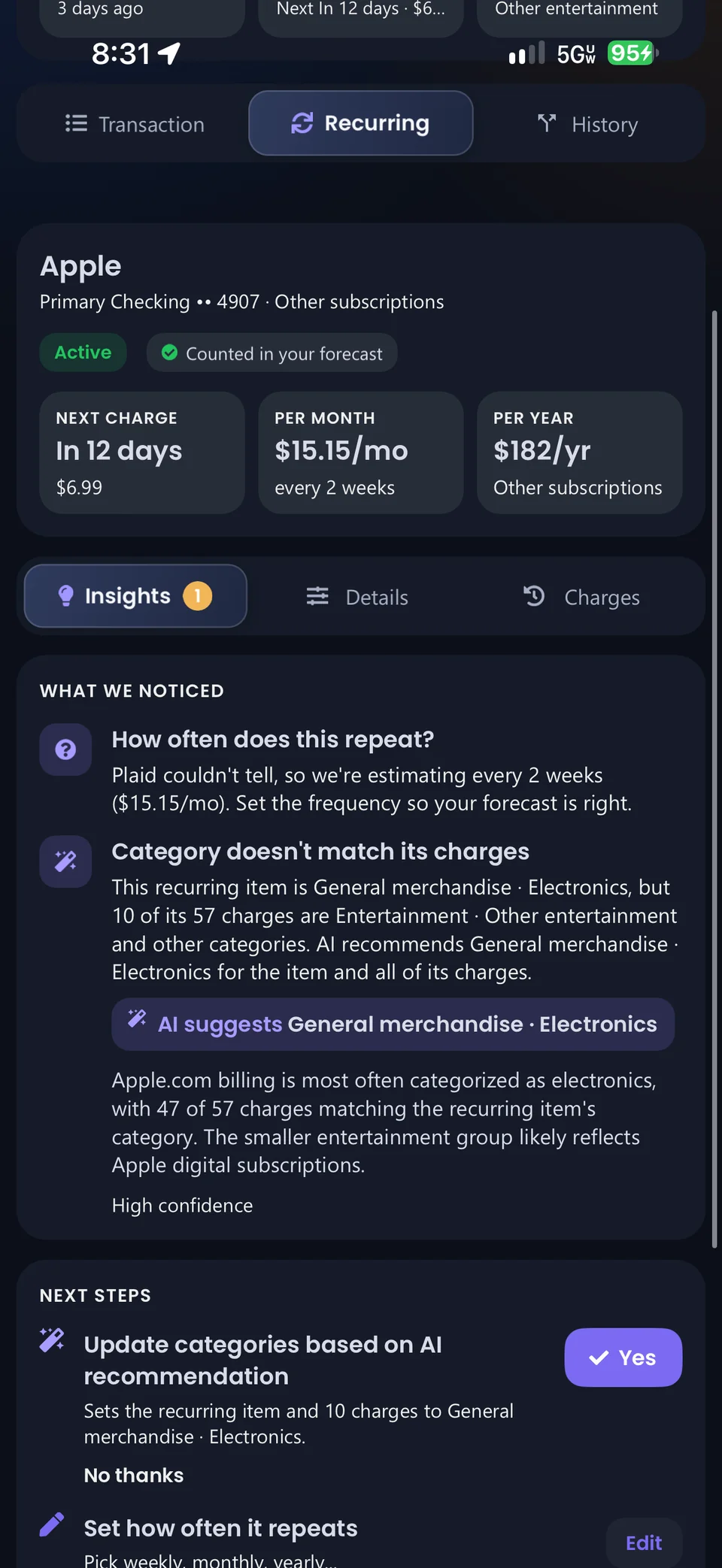A recurring item's Insights tab with an AI category recommendation