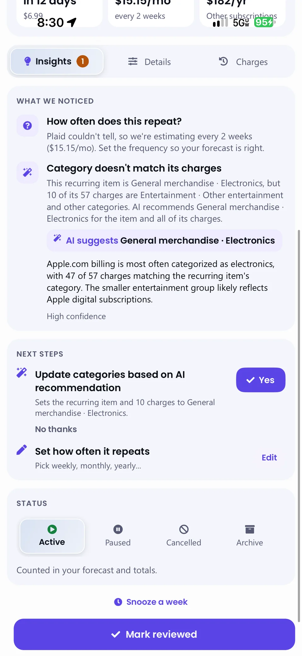 A recurring item's Insights tab with an AI category recommendation