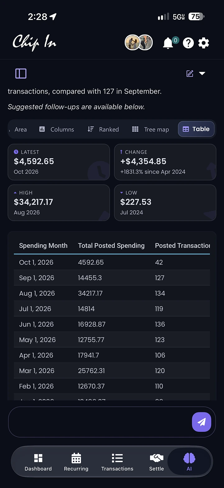 Total posted spending by month as a table with spending month, total posted spending, and posted transaction columns
