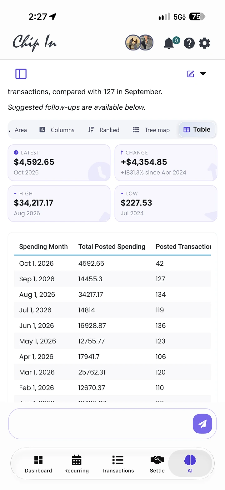Total posted spending by month as a table with spending month, total posted spending, and posted transaction columns
