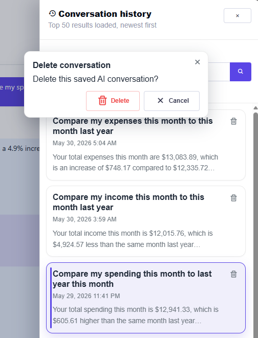 Searchable AI chat history and conversation management in Chip In