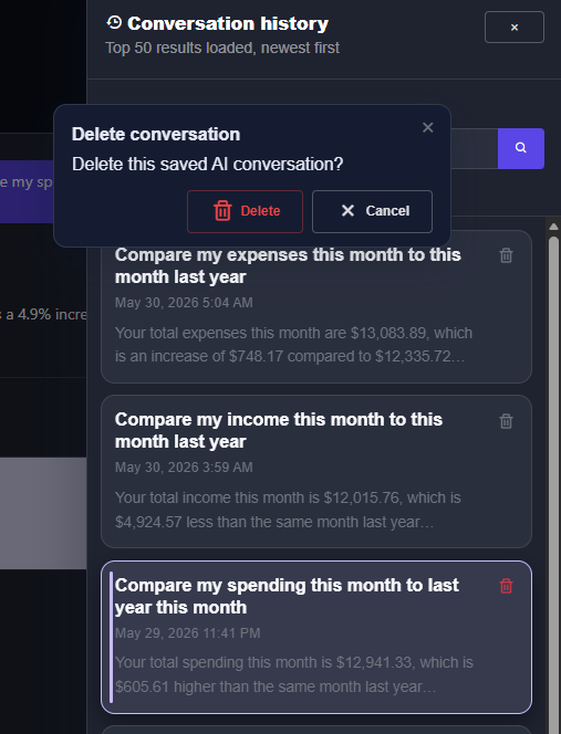 Searchable AI chat history and conversation management in Chip In