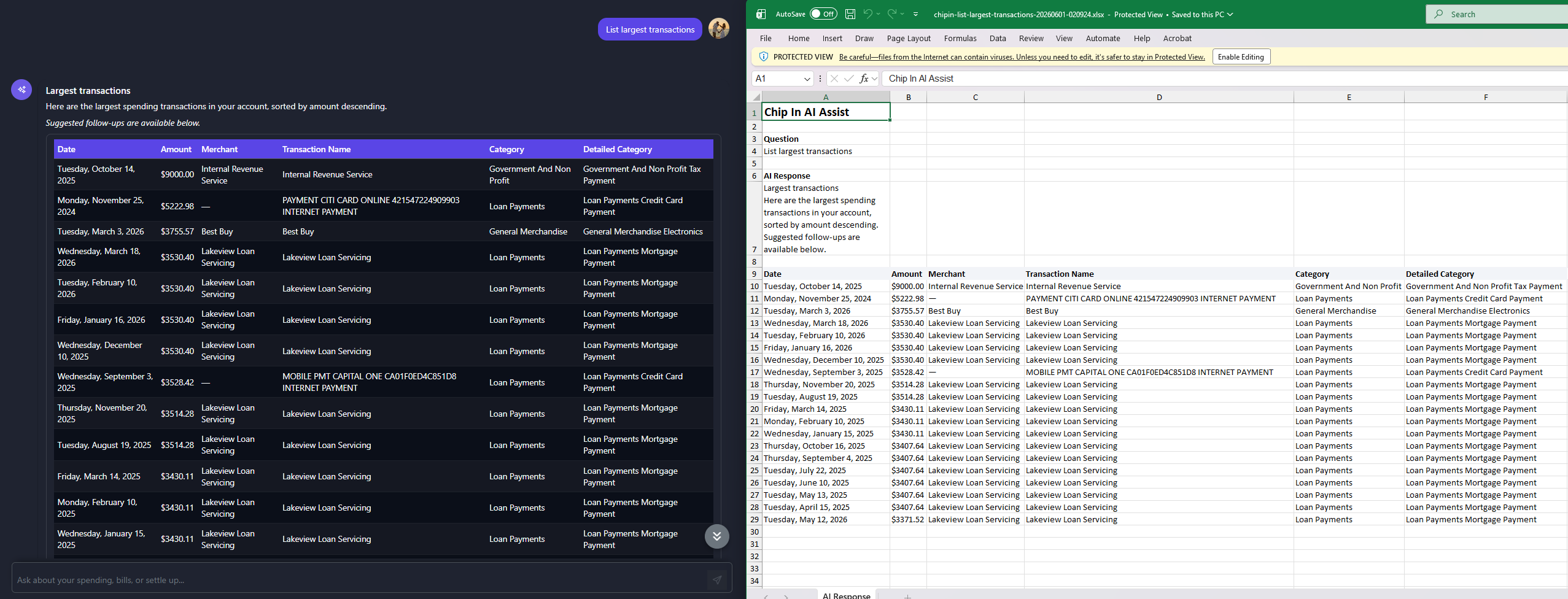 Chip In Financial Intelligence and Excel Export