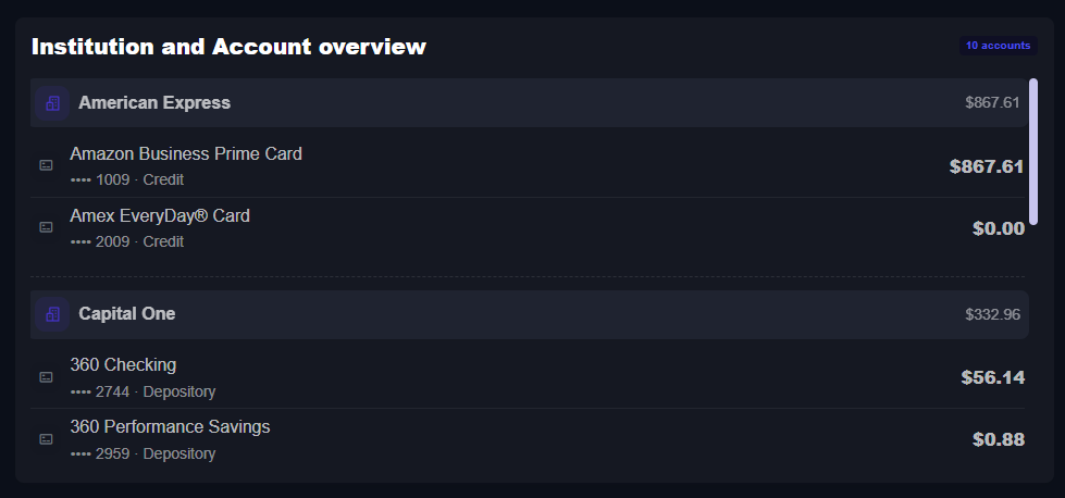 Chip In web dashboard showing institution and account overview