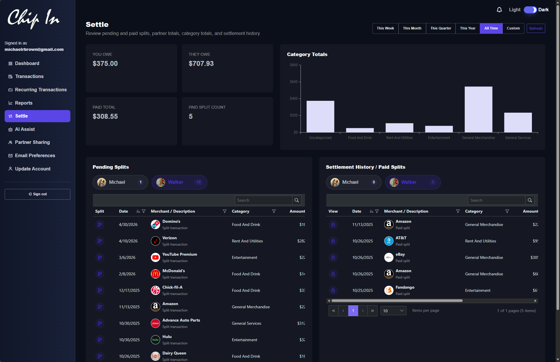 Settlement tracking in Chip In