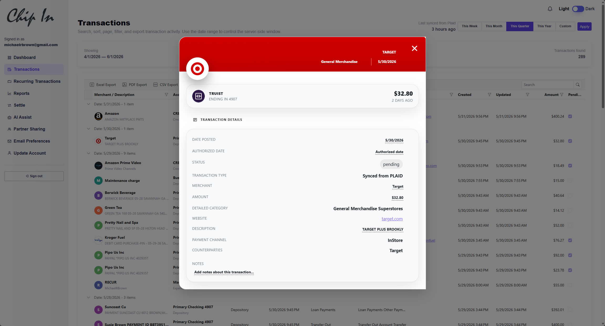 Transactions screen in Chip In