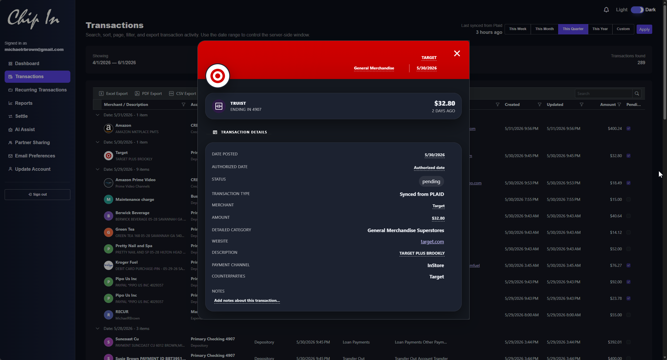 Transactions screen in Chip In