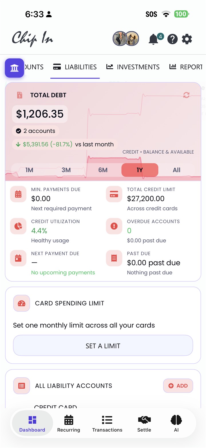 Card Spend Alerts in the Liabilities tab