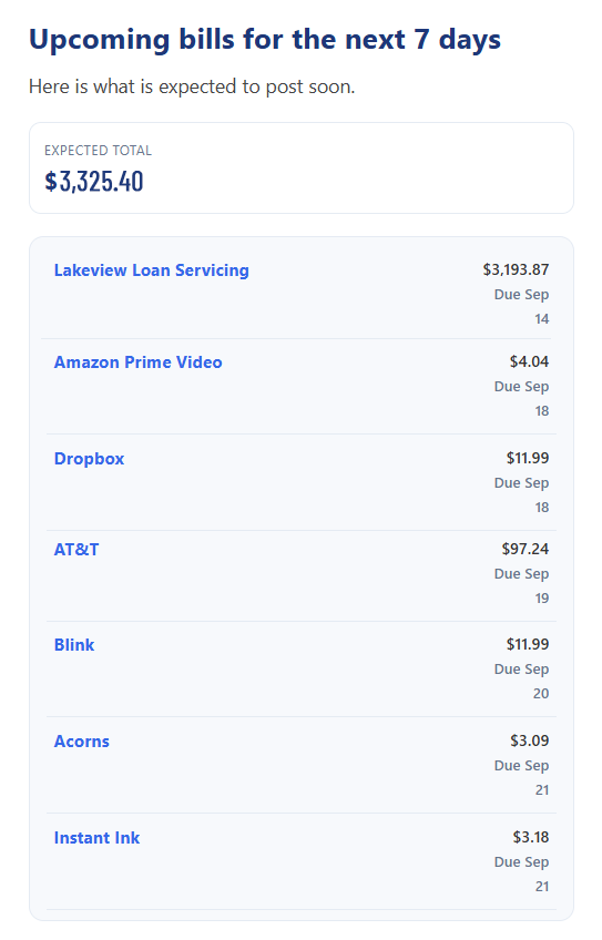 Bills Upcoming email example