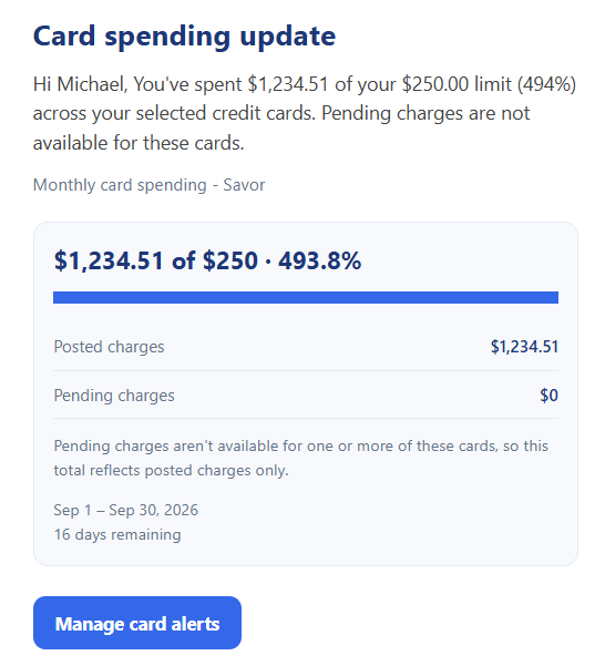 Credit Card Spend Update email example